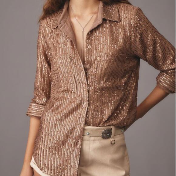 Anthropologie Top Sequin Brown Long Sleeve Remie Button Up Shirt Size XL - Picture 1 of 9